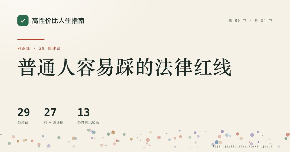 第 9 节 普通人容易踩的法律红线 的分享卡：29 条循证建议，27 条 A 级证据