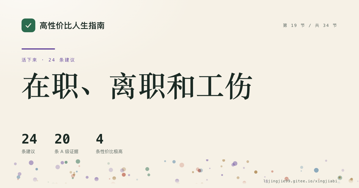 第 19 节 在职、离职和工伤 的分享卡：24 条循证建议，20 条 A 级证据