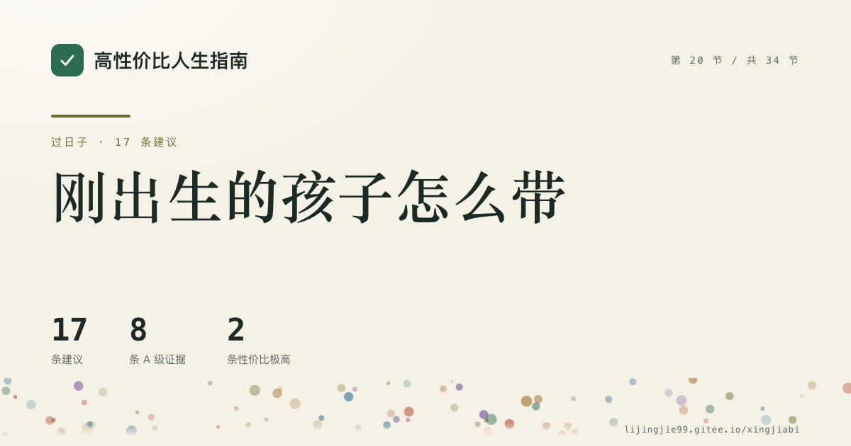 第 20 节 刚出生的孩子怎么带 的分享卡:17 条循证建议,8 条 A 级证据
