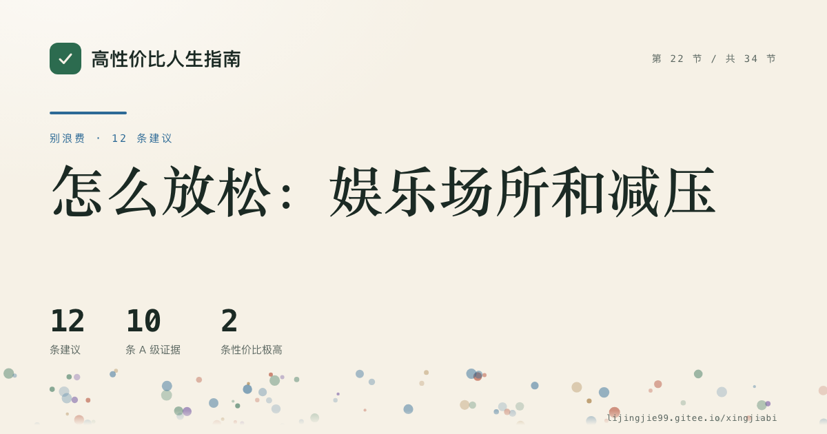 第 22 节 怎么放松：娱乐场所和减压 的分享卡：12 条循证建议，10 条 A 级证据