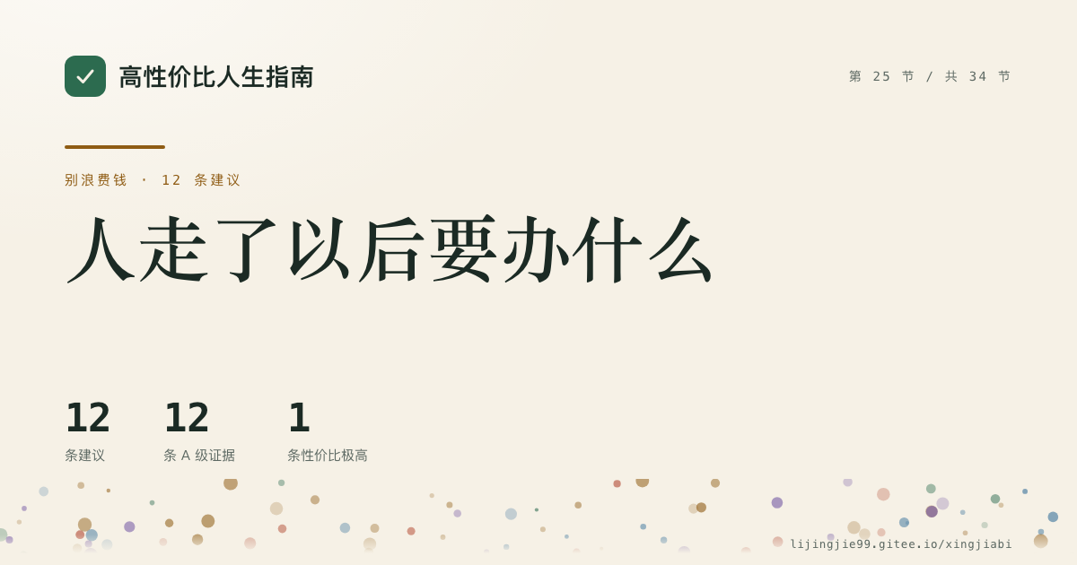 第 25 节 人走了以后要办什么 的分享卡:12 条循证建议,12 条 A 级证据
