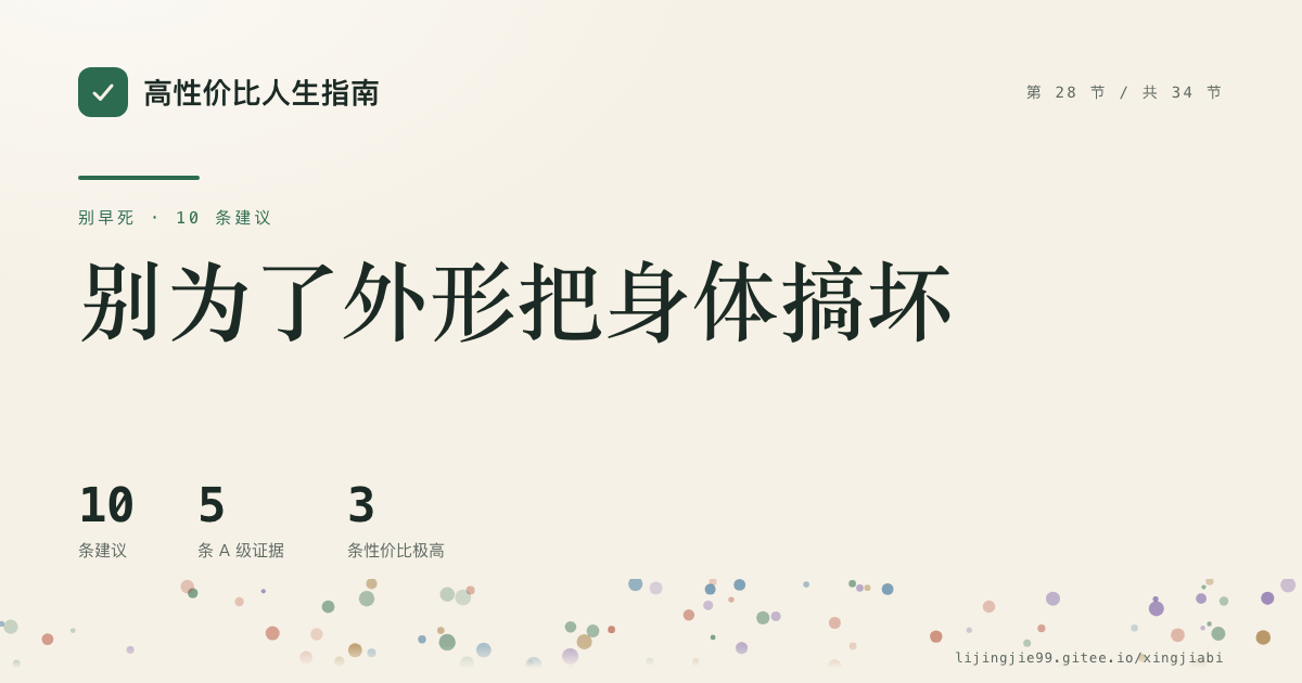 第 28 节 别为了外形把身体搞坏 的分享卡：10 条循证建议，5 条 A 级证据