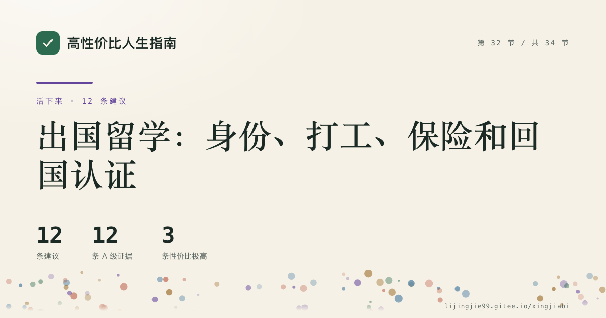 第 32 节 出国留学：身份、打工、保险和回国认证 的分享卡：12 条循证建议，12 条 A 级证据